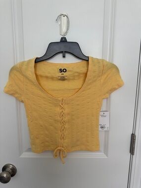 SO Yellow Lace-Up Cropped Knit Top
